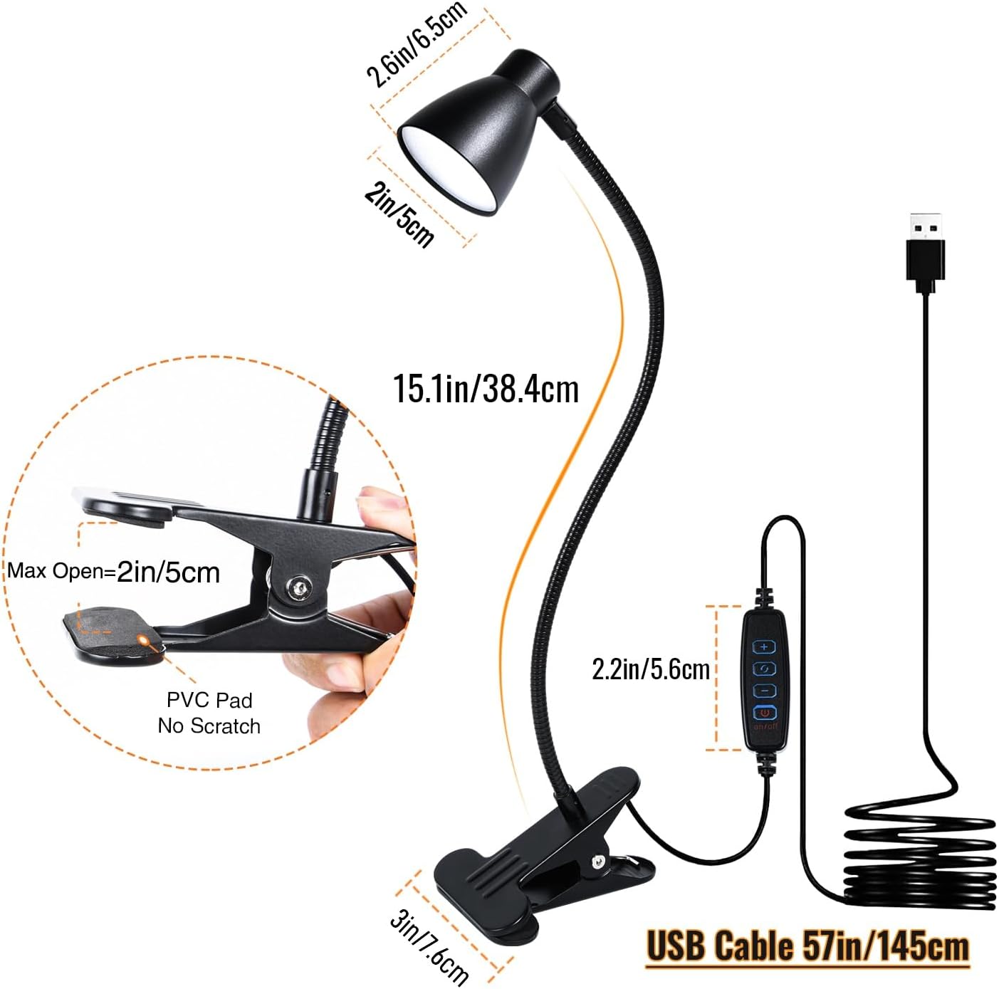 CRI 90+ Eye-Care Clip Light for Reading, 6W Small Clamp Lamp for Desk, Flexible Gooseneck Clip Lamp for Bed Headboard with 3 Color Modes & 10 Brightness(Adapter Include)