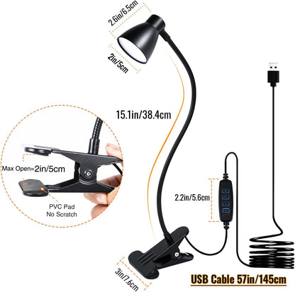 CRI 90+ Eye-Care Clip Light for Reading, 6W Small Clamp Lamp for Desk, Flexible Gooseneck Clip Lamp for Bed Headboard with 3 Color Modes & 10 Brightness(Adapter Include)
