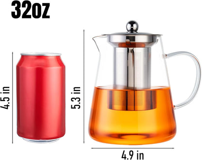 Baalaka Glass Teapot Stovetop 20 OZ/600ml, Tea pot with Removable 18/8 Stainless Steel Infuser, Borosilicate Clear Tea Kettle, Teapot Blooming and Loose Leaf Tea Maker Tea Brewer for Camping, Travel