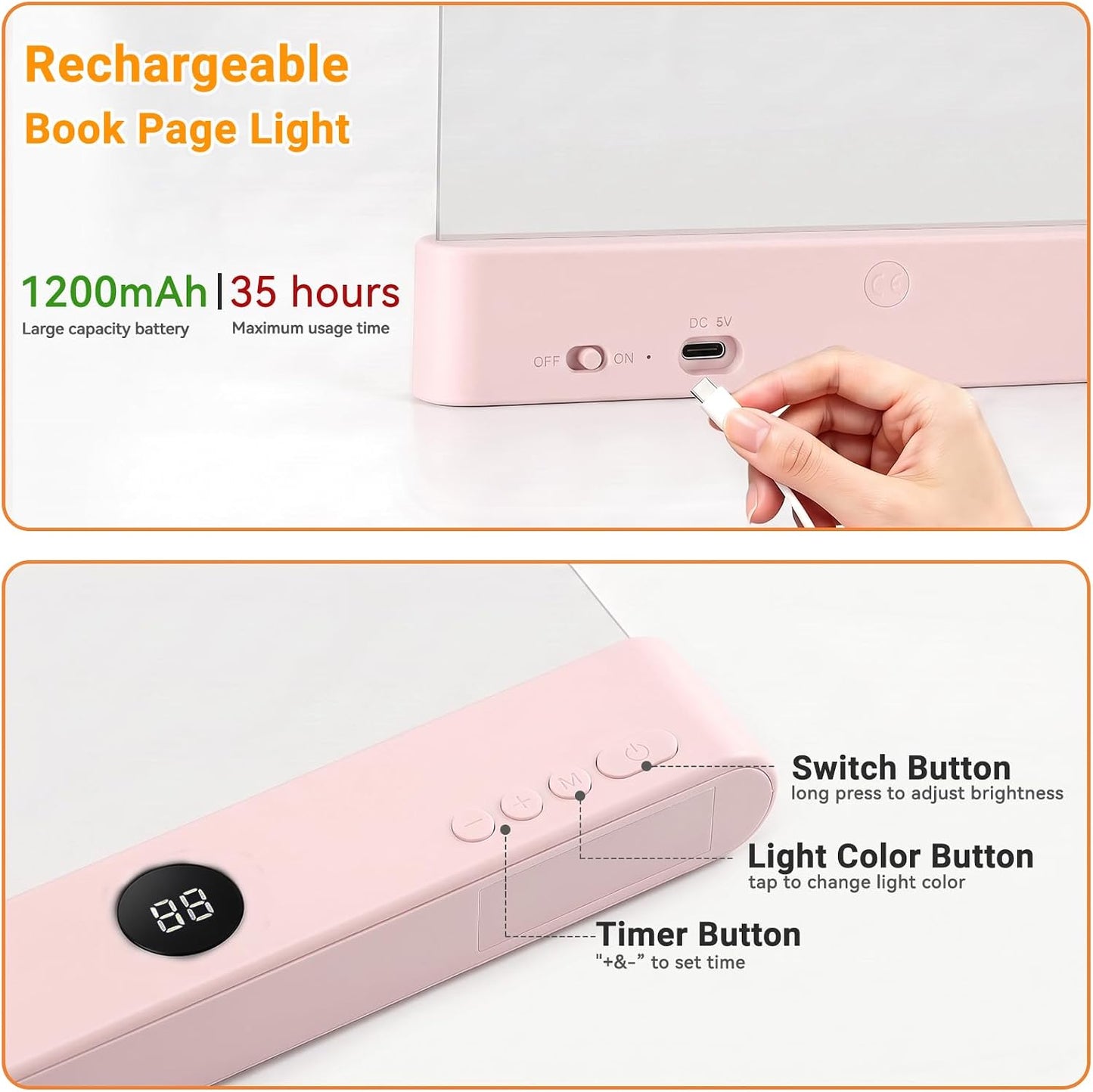 Book Light, Rechargeable Clear LED Flat Reading Light with 3 Colors & Timer, Dimmable Panel Plate Lamp Book Full Page Light for Reading in Bed at Night, Funny Gifts for Readers Kids Women Men (White)