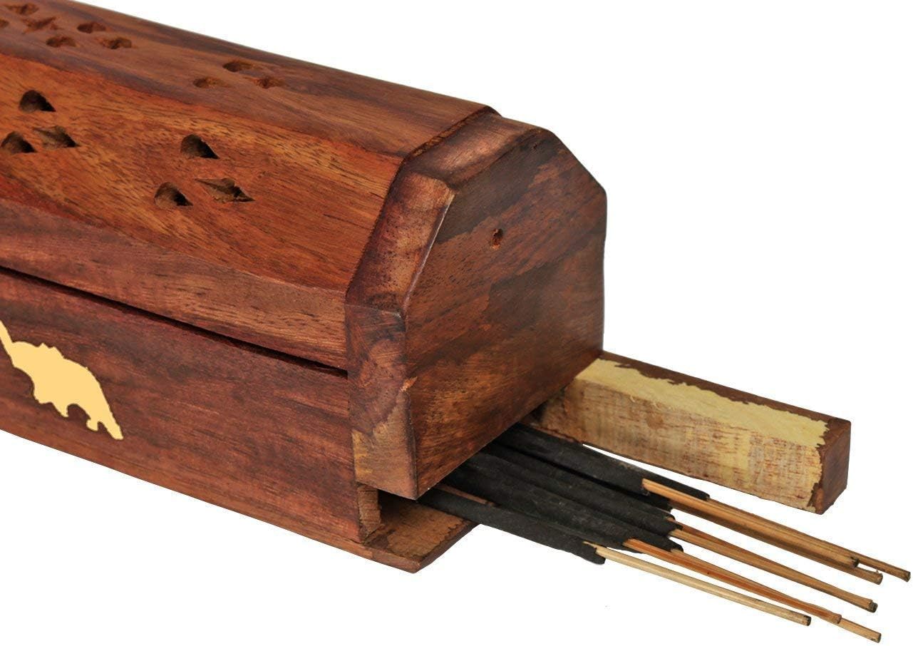 raajsee Beautiful Handmade Wooden Brown Incense Stick Holder Burner Storage Coffin Box - Ash Catcher with Brass Inlay -Home Utilities & Accessories -Meditation -Great Gift for Any Occasion 12x2 inch