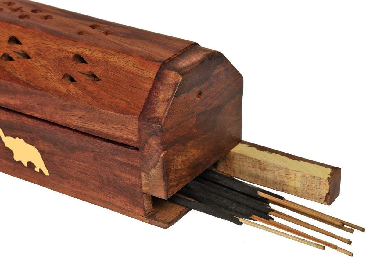 raajsee Beautiful Handmade Wooden Brown Incense Stick Holder Burner Storage Coffin Box - Ash Catcher with Brass Inlay -Home Utilities & Accessories -Meditation -Great Gift for Any Occasion 12x2 inch