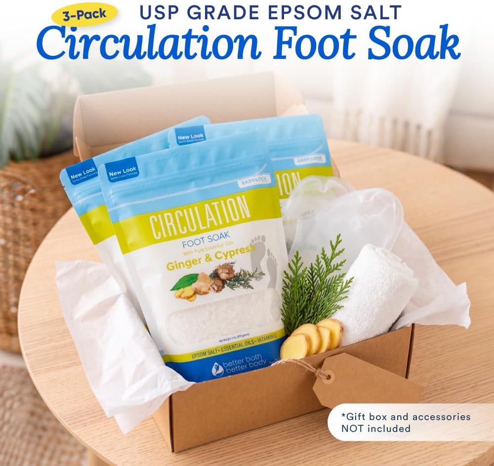 Circulation Foot Soak 32 Ounces (2 Lbs) Epsom Salt with Pure Essential Oils Ginger and Cypress Essential Oils Plus Vitamin C in BPA Free Pouch with Easy Press Lock Seal