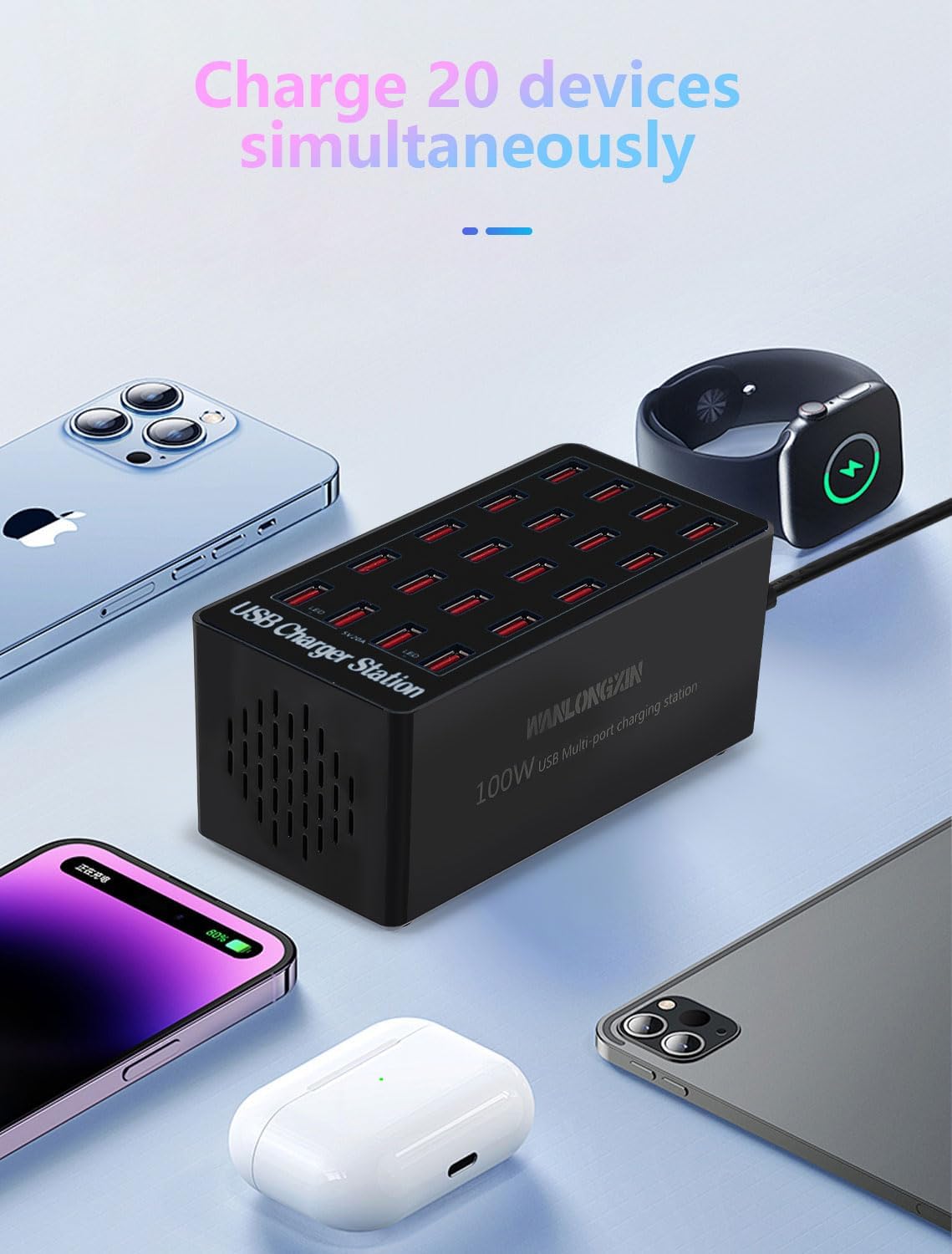 USB Charging Station,100W 20-Port Multi Smart Safety Fast Charger Station for Phone Tablet Watch Headphone PS, Compact Desktop Charger Home Office Travel