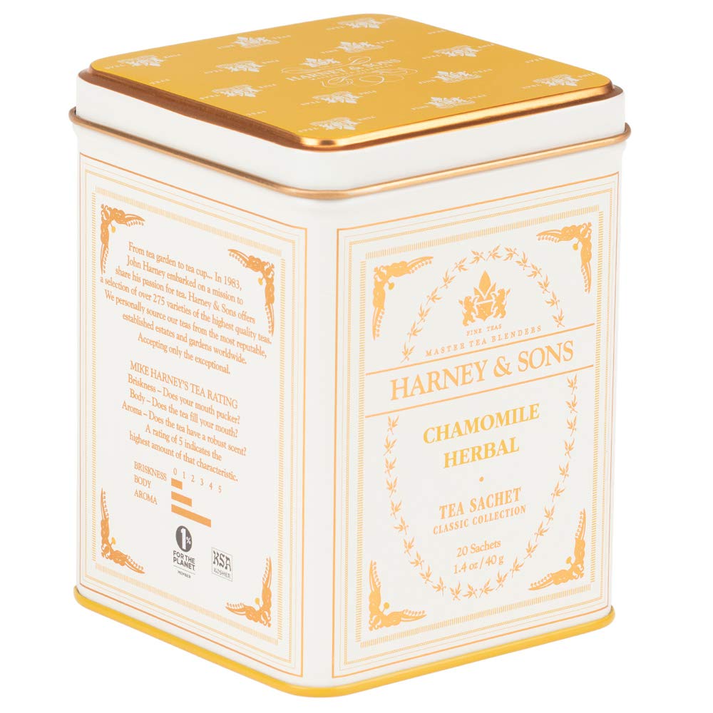 Harney & Sons Chamomile Herbal Tea, 20 Sachets in Tin | Egyptian chamomile flower herbal tea. Naturally caffeine free.