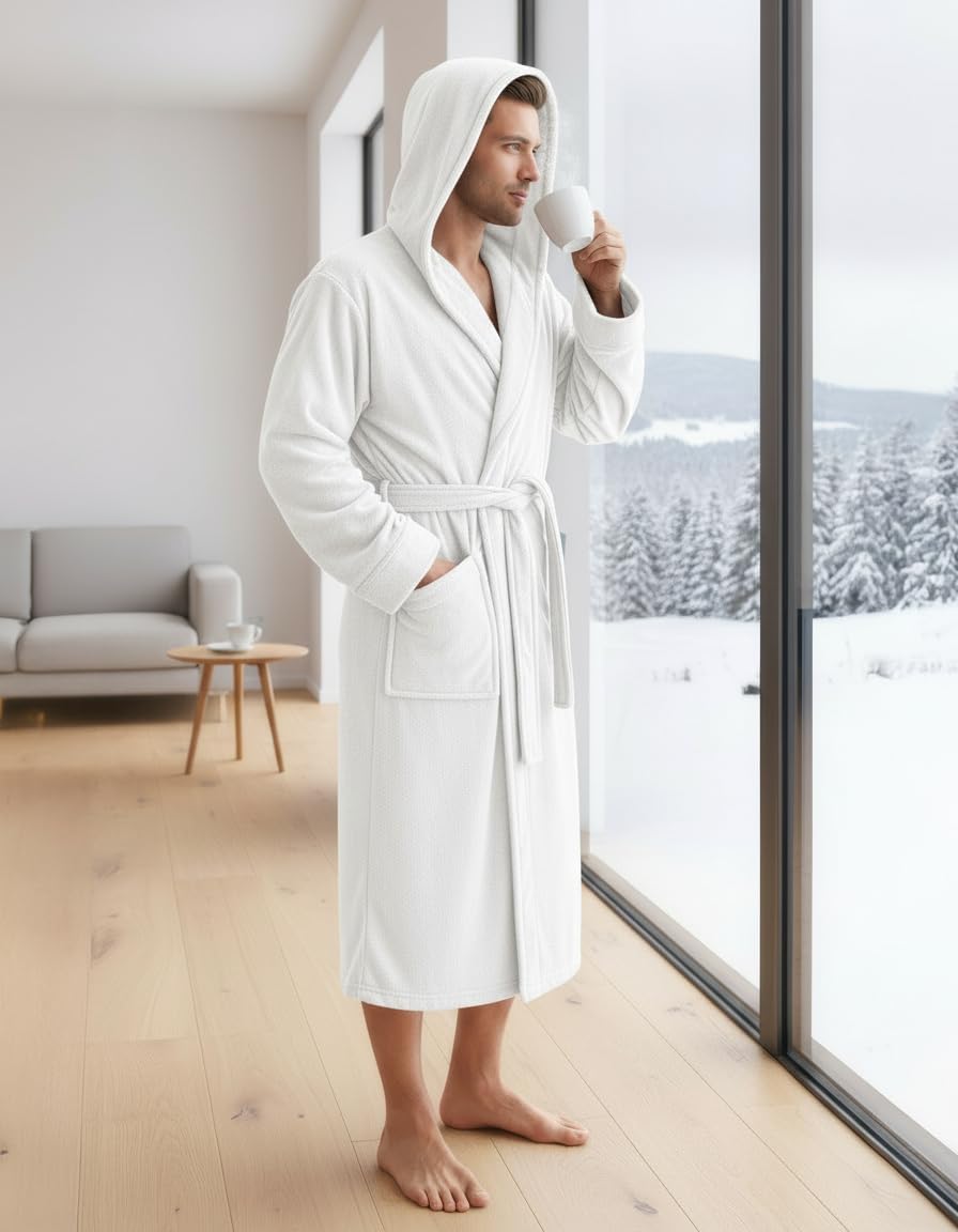 NY Threads Mens Robe with Hood, Luxury Plush Fleece Hooded Mens Bathrobe, Spa Bath Robe for Men
