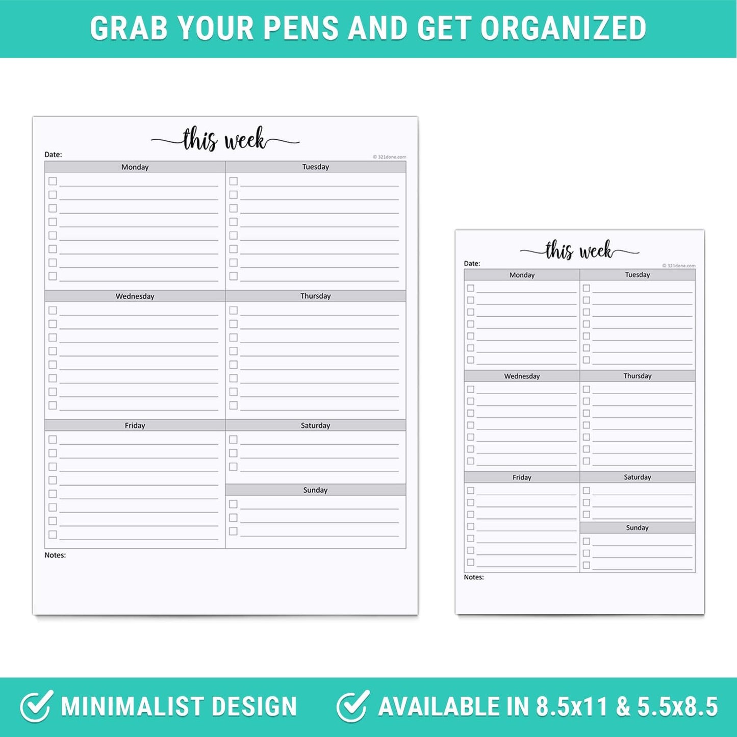 321Done Weekly Checklist Notepad, 5.5x8.5 Size Pad - 50 Tear-Off Sheets, Undated Monday-Sunday Schedule, Daily Task Planner for Home, Office & Student Use - Made in USA