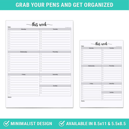 321Done Weekly Checklist Notepad, 5.5x8.5 Size Pad - 50 Tear-Off Sheets, Undated Monday-Sunday Schedule, Daily Task Planner for Home, Office & Student Use - Made in USA
