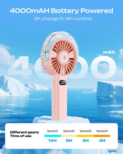 Otlonpe Handheld Misting Fan Portable, 4000mAh Rechargeable Battery Powered, Small Personal Mister Fan with Water Spray Cooling, 4-Speed Wind, LED Display, Hand Held Mist Fans for Travel Outdoor Beach