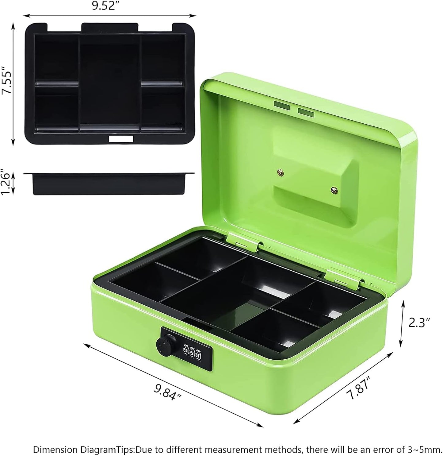 KYODOLED Small Cash Box with Combination Lock & Removable Money Tray, Black