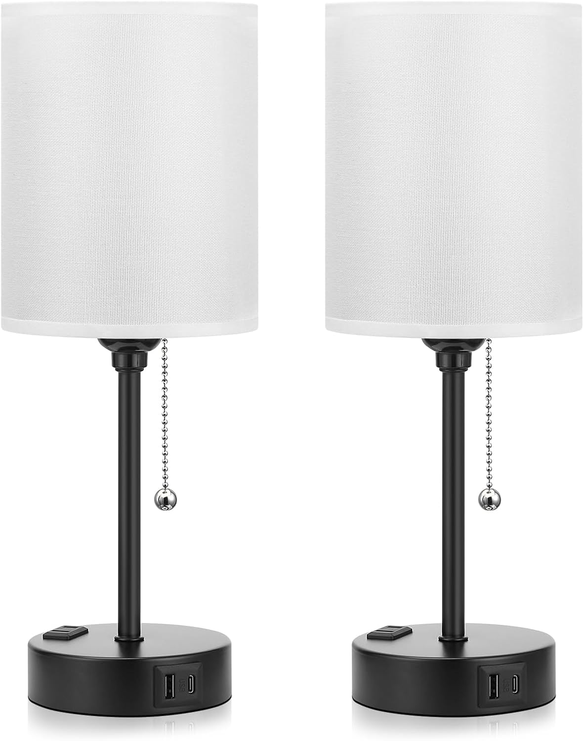 Small Bedside Table lamp for Bedroom - 3 Color Temperatures Bedside Lamps with USB C and A Ports, Pull Chain Table Lamps with AC Outlet, White Nightstand Lamps with Black Metal Base for Kids Reading