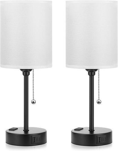 Small Bedside Table lamp for Bedroom - 3 Color Temperatures Bedside Lamps with USB C and A Ports, Pull Chain Table Lamps with AC Outlet, White Nightstand Lamps with Black Metal Base for Kids Reading