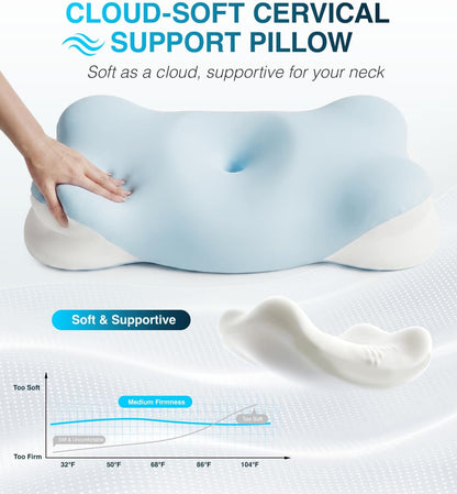 Ergo Pillow for Sleep Apnea, Cervical Neck Pillow for Neck Pain & Snoring Relief, Ergonomic Cooling Memory Foam Contour Bed Pillow, Orthopedic Neck Support for Side Back Stomach Night Sleepers