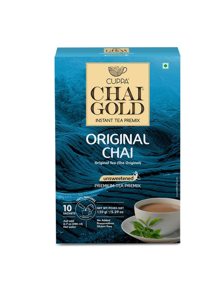 Cuppa Chai Gold Cardamom Chai Instant Tea Premix Unsweetened, No Added Sugar, Rich Cardamom Flavor Tea Beverage Mix, Just Add Hot Water, Convenient Single-Serve Sachets for Home, Office & Travel, Pack of 1 (10 Count)