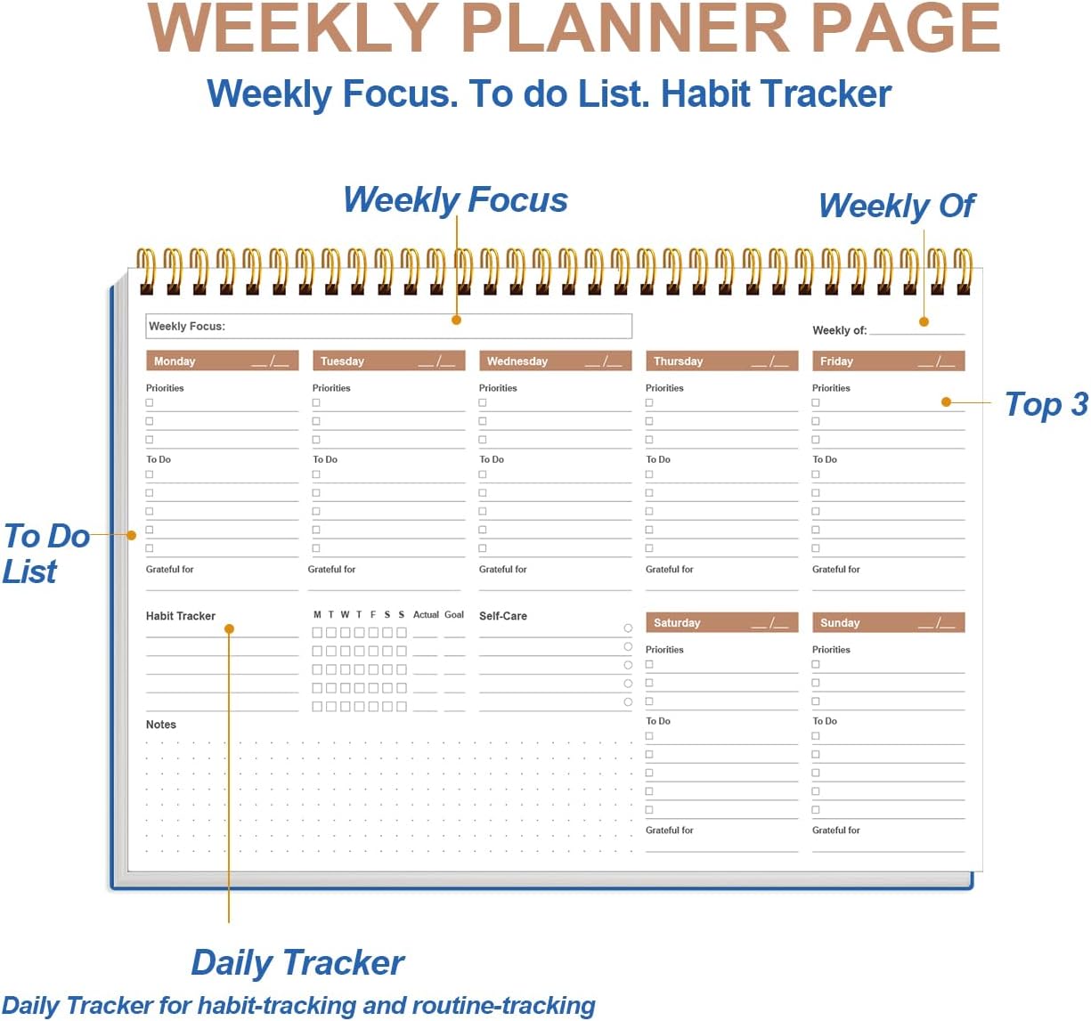 Weekly Productivity Planner - 8" x 11" Dashboard Desk Pad/Planner, Habit Tracker, Spiral Undated Weekly Planner for Office/School/Home, 54 Weeks, Grey