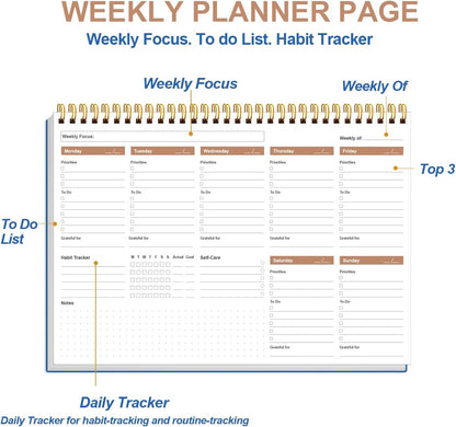Weekly Productivity Planner - 8" x 11" Dashboard Desk Pad/Planner, Habit Tracker, Spiral Undated Weekly Planner for Office/School/Home, 54 Weeks, Grey