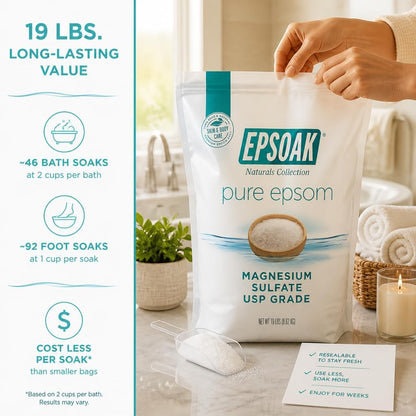Epsoak Epsom Salt 38 lb. Magnesium Sulfate USP. (Qty. 2 x 19 lb. Bags) Resealable Epsom Salt Bag Unscented, Made in The USA, Cruelty-Free Certified