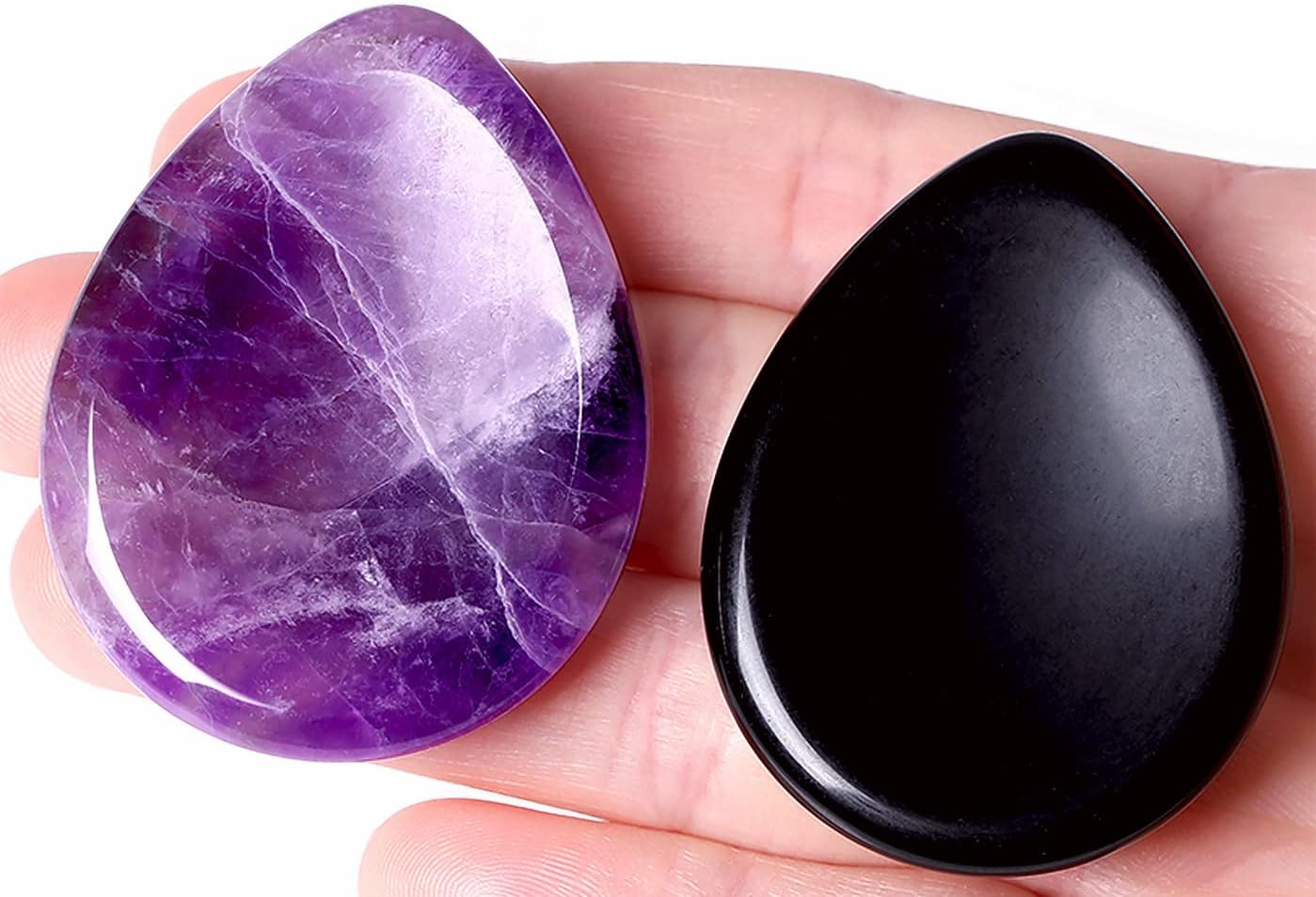 2PCS Worry Stone for Anxiety Tigers Eye Amethyst Healing Crystals Hand Thumb Stones Pocket Gemstones Meditation Accessories Oval Crystal Natural Relax Palm Stone Anxiety Relief Items Stocking Stuffers