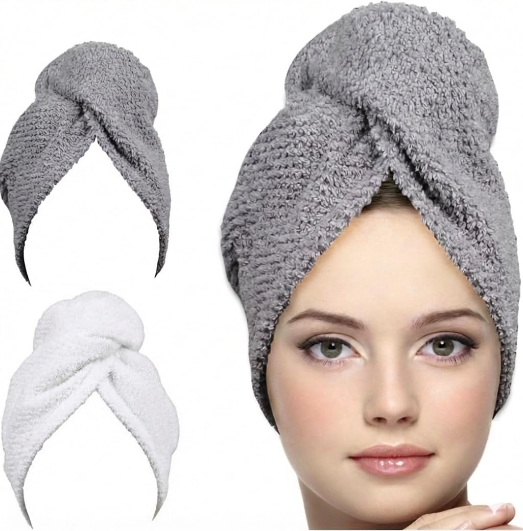 KEEPOZ 100% Cotton Hair Towel Wrap Quick Dry Super Absorbent Turban Head Wrap for Women with Button, Anti Frizz, Hair Cap for Curly, Long & Thick Hair (White, 1 Pc)