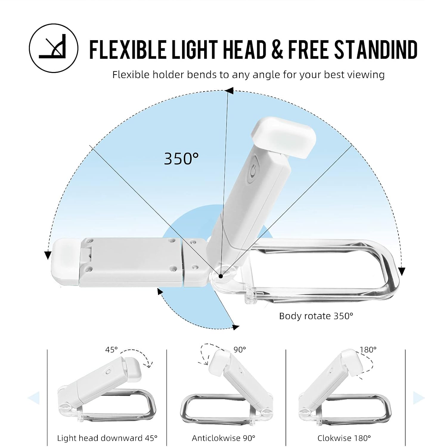 EGWASER Book Reading Light, Portable USB Rechargeable LED Clip on Book Lights for Reading in Bed, 3 Brightness Adjustable Dimmable Bookmark Light for Eye-Protection, Reading Lamp (White)