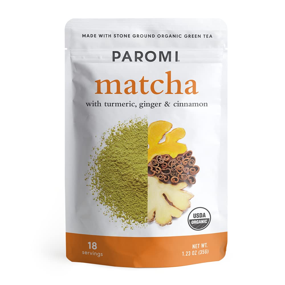 Paromi Matcha Green Tea Powder with Turmeric, Ginger & Cinnamon, 35g (18 Servings) — Made with Stone-Ground Organic Matcha from Kyushu, Japan — Blend, Whisk, Stir or Shake into Water or Milk
