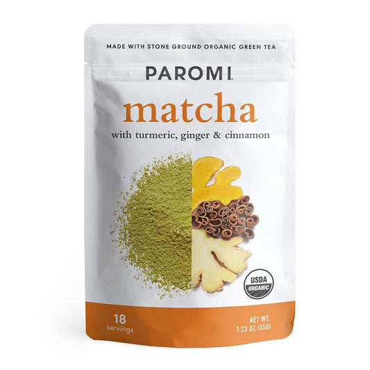 Paromi Matcha Green Tea Powder with Turmeric, Ginger & Cinnamon, 35g (18 Servings) — Made with Stone-Ground Organic Matcha from Kyushu, Japan — Blend, Whisk, Stir or Shake into Water or Milk