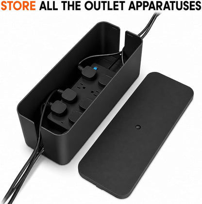 [Set of 3] 3 Cable Management Boxes + 3 Wire Ties, Large Cord Box Organizers to Hold and Hide Power Strip Charger Adapter Power Cord Charging Station USB HUB (Black)