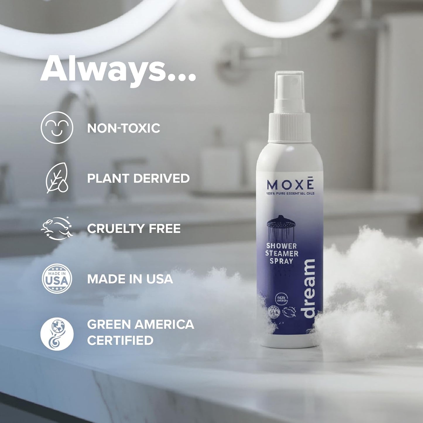 MOXĒ Eucalyptus Oil Shower Mist, Spa Steam Spray, Certified Natural 100% Essential Oils, Made in USA, Aromatherapy, Sinus Congestion Relief, Tension Relief, 4 Ounces