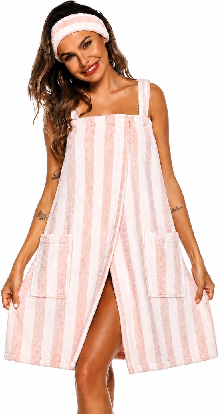 Veseacky Women Bath Wrap Towel for Womens Shower with Pocket Adjustable Spa Robe & Facial Headband