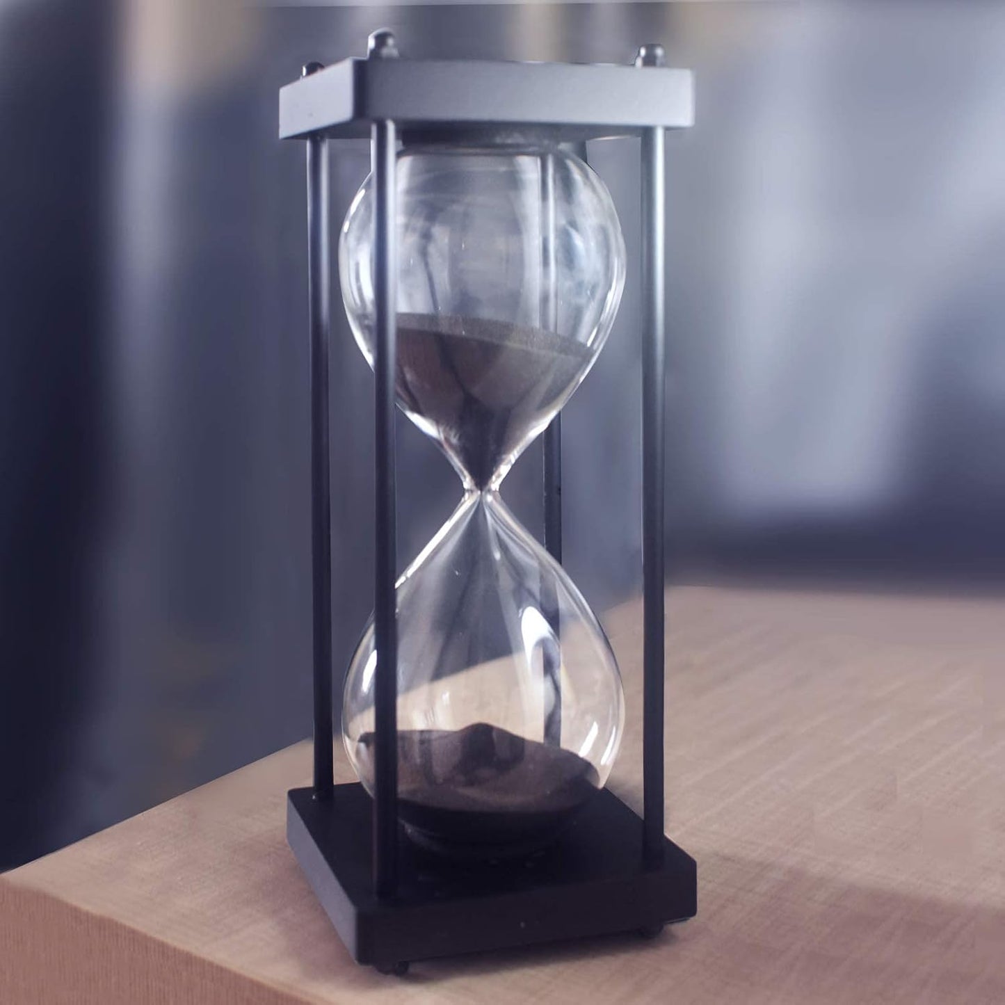 Hourglass Timer 60 Minute, Black Wooden Frame Decorative Sand Timer (Black Sand, Large Size)