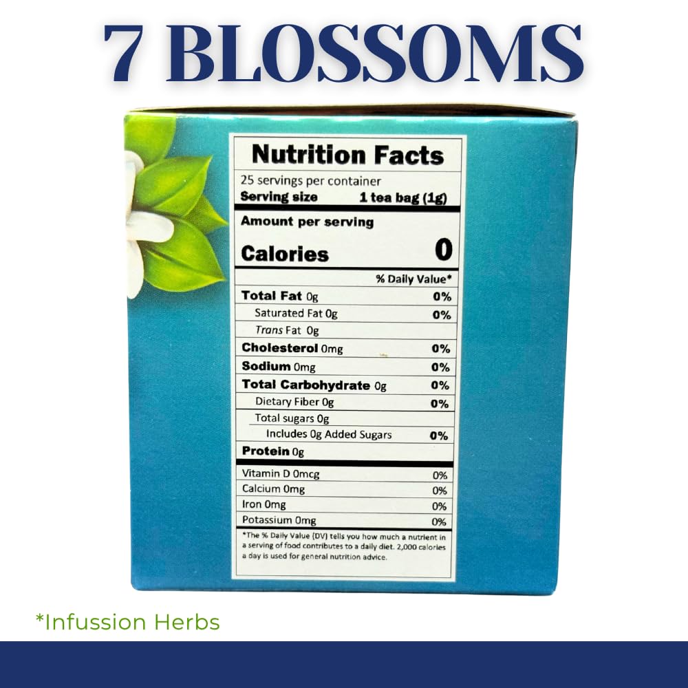 Therbal 7 Blossoms Herbal Tea – 25 Tea Bags – Caffeine-Free, Natural Infusion with Chamomile, Passionflower, Valerian, Hibiscus - Relaxing Nighttime Blend