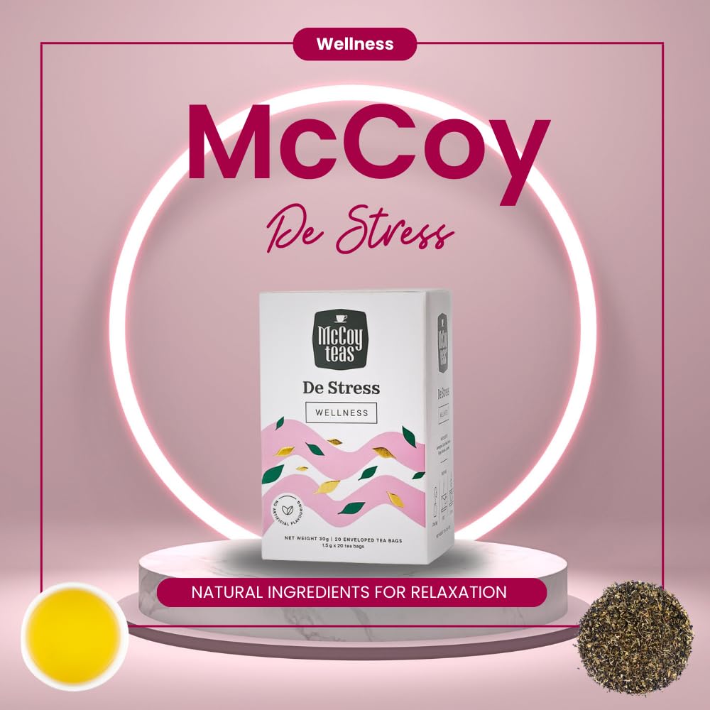 McCoy Teas Wellness De Stress Tea Bags Drinks with Gotukola Lavender Cumin & Fennel with Premium Tea from Sri Lanka, 20 Tea Bags (Pack of 01)