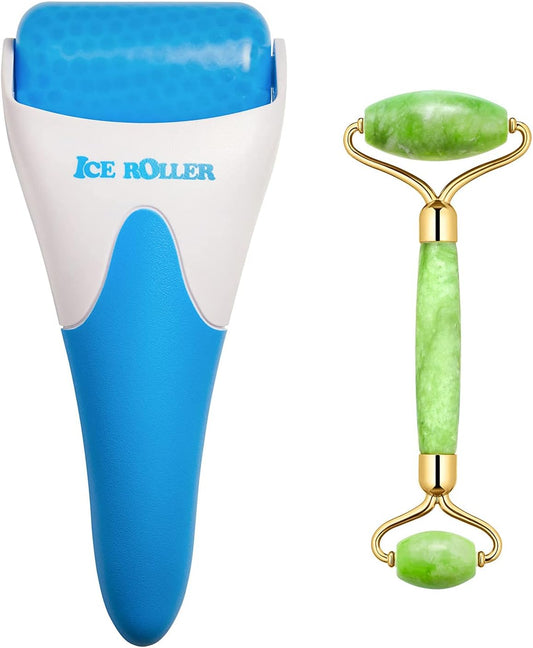 AECW 3-in-1 Natural Jade Roller and Gua Sha Set for Face and Eye Ice Roller Facial Cooling Massage Roller