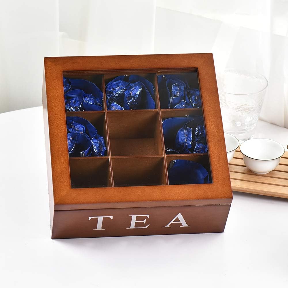 Wood Tea Storage Box, Teabag Storing 9 Compartments Wooden Tea Box Hinged Glass Lid Tea Organizer-Black