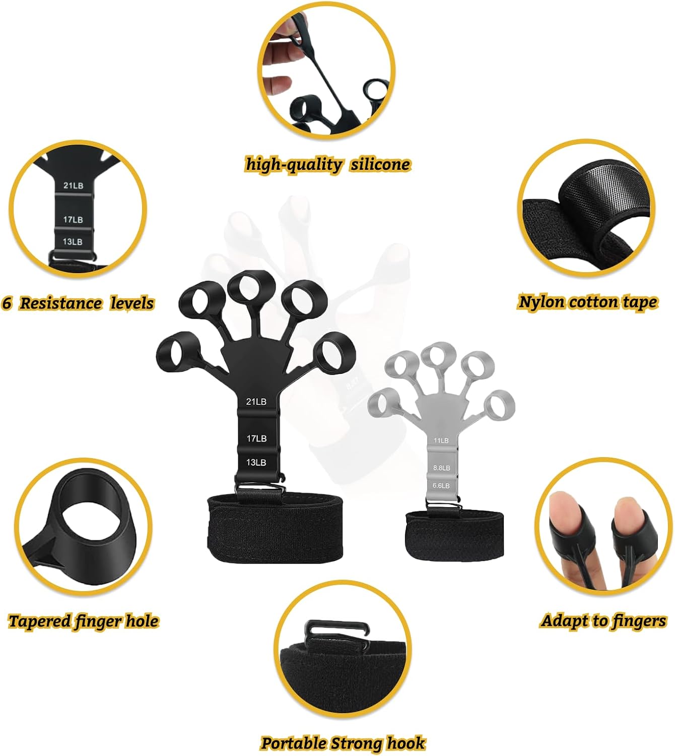 Kairsya Finger Stretcher & Hand Strengthener - 2Pcs Adjustable Finger Resistance Bands for Guitarists, Climbers, Typists, Gamers, Forearm & Hand Strength Training Wrist Exerciser (Black+Grey)