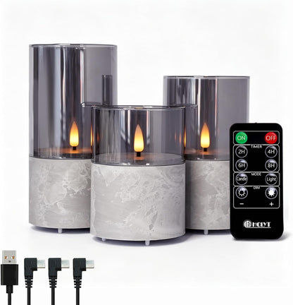 LEDHOLYT Rechargeable Flameless Glass Pillar Candles–Gifts for Women,–Set of 3, Realistic Flickering LED Flame,Remote & Timer, Ideal for Living Room, Bedroom & Halloween Festival Home Party Decor