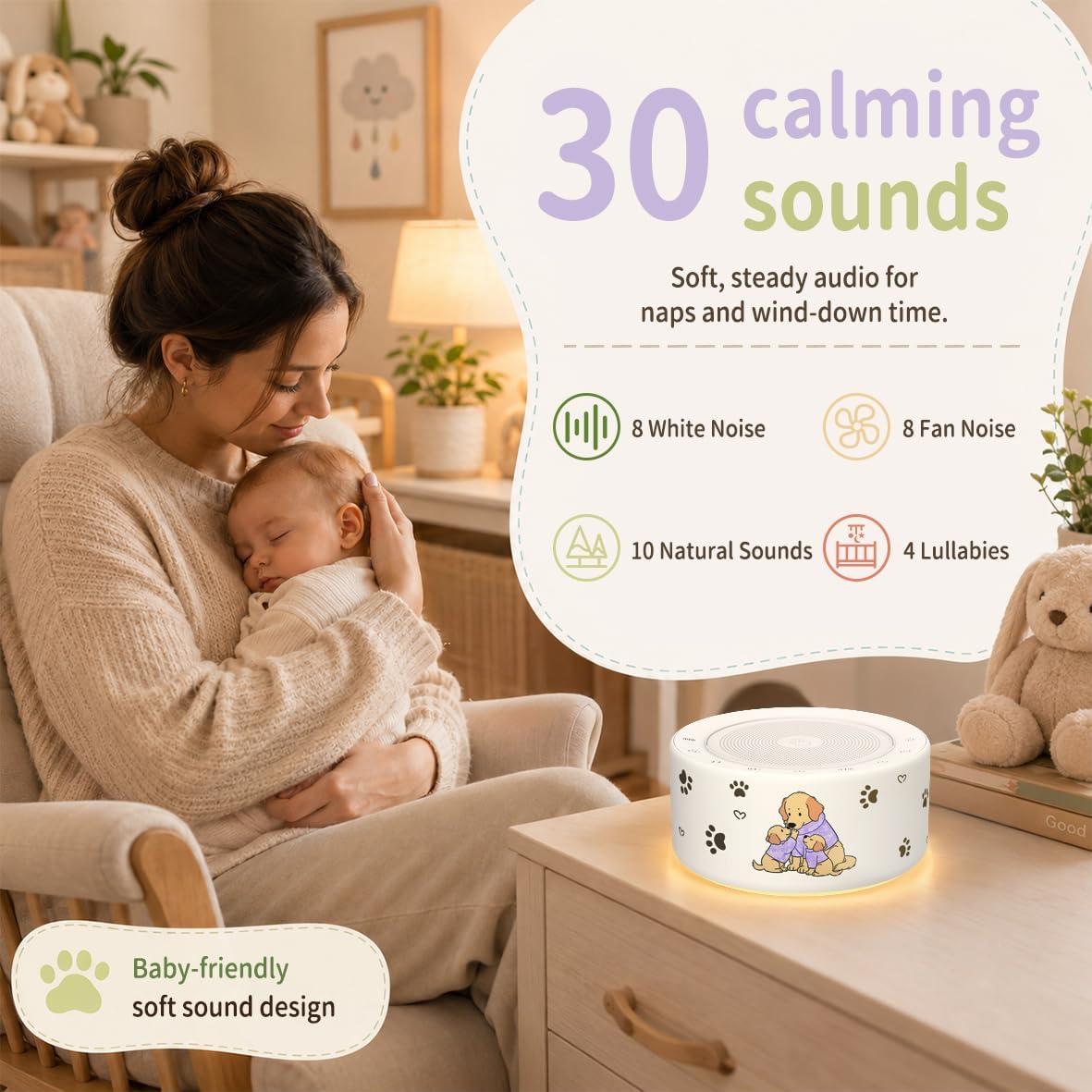 Kipcush White Noise Machine for Baby & Adults, 30 Soothing Sounds, Soft Non-Glare Nursery Lamp, 8 Color Night Lights, Memory Function (Angel V1 White, Standard)