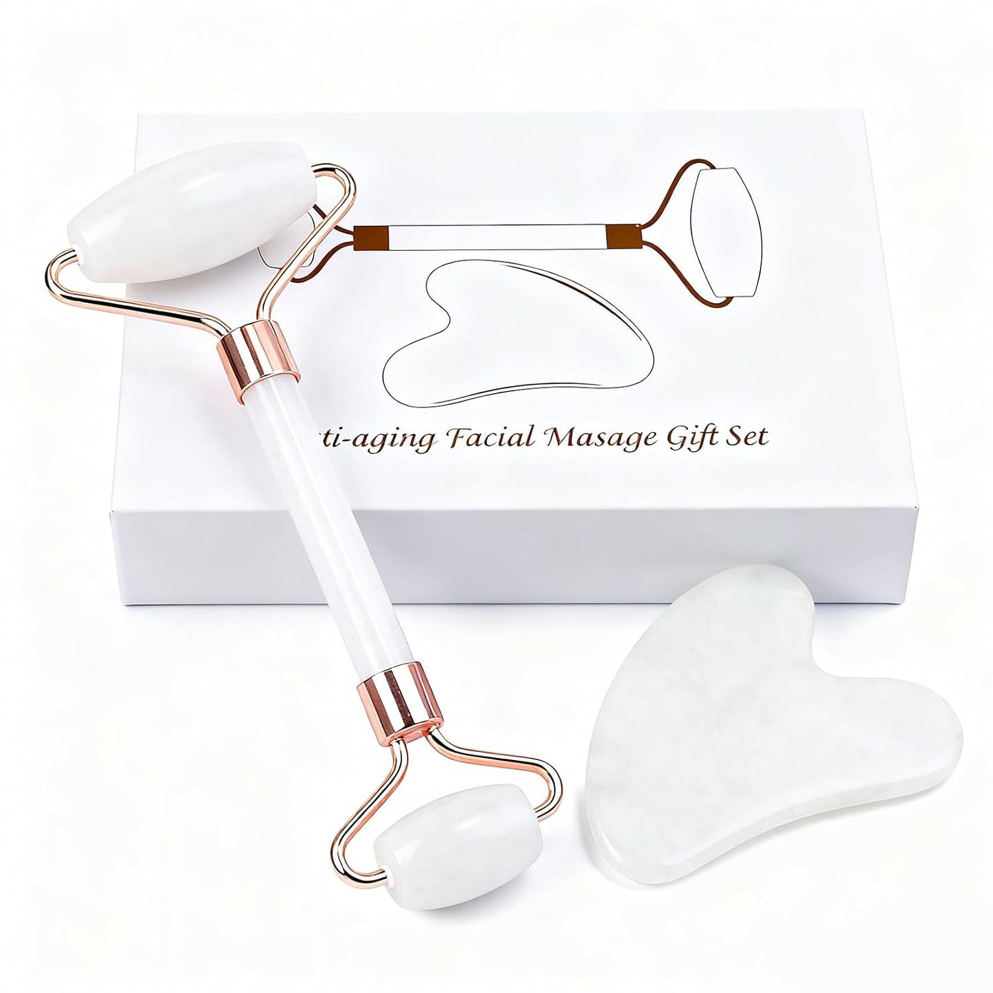 Jade roller and gua sha, facial roller, women's skincare tool, self-care gift, face, eye, neck massager, relieves fine lines and wrinkles, aventurine, opal, rose quartz
