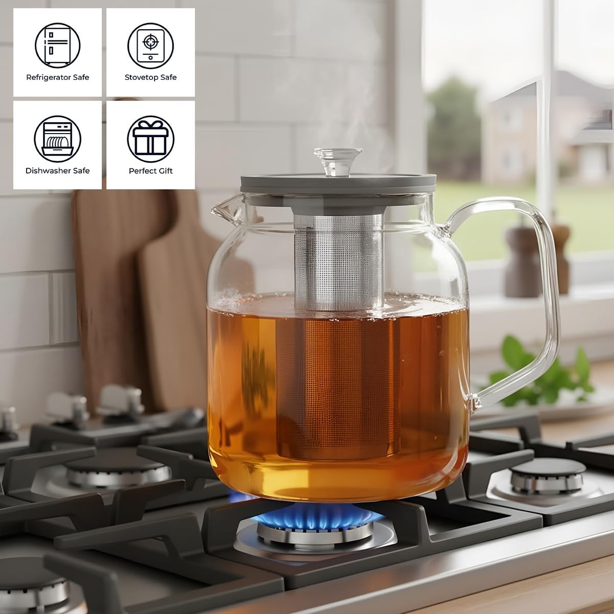 Aquach 68oz Glass Teapot Stovetop Safe with Loose Leaf Tea Steeper | Dishwasher Safe, Borosilicate Glass, Plastic-free, 68oz Family Capacity, Easy-clean Opening, Refrigerator Friendly