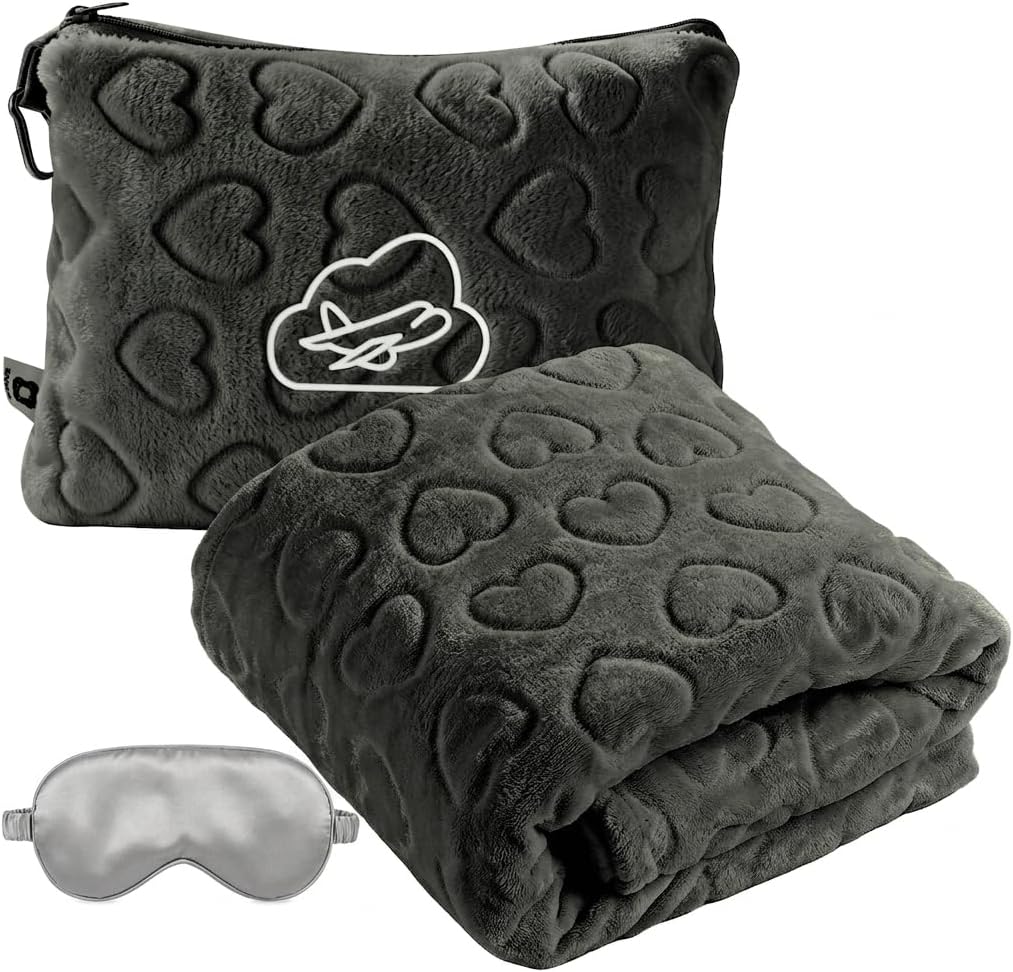 Travel Blanket Pillow,Airplane Blanket Compact with Bag Eye Mask, Ultra-Soft,Warm & Lightweight Included,Travel Essentials for Women & Men, Luggage Sleeve & Backpack Clip 65x40 in, Grey