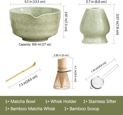 Matcha Set, Japanese Tea Set Includes Matcha Bowl with Spout, Matcha Whisk Holder, Bamboo Matcha Whisk and Bamboo Scoop, 17 oz Mottled Green Glaze Ceramic Matcha Kit for Tea Lovers