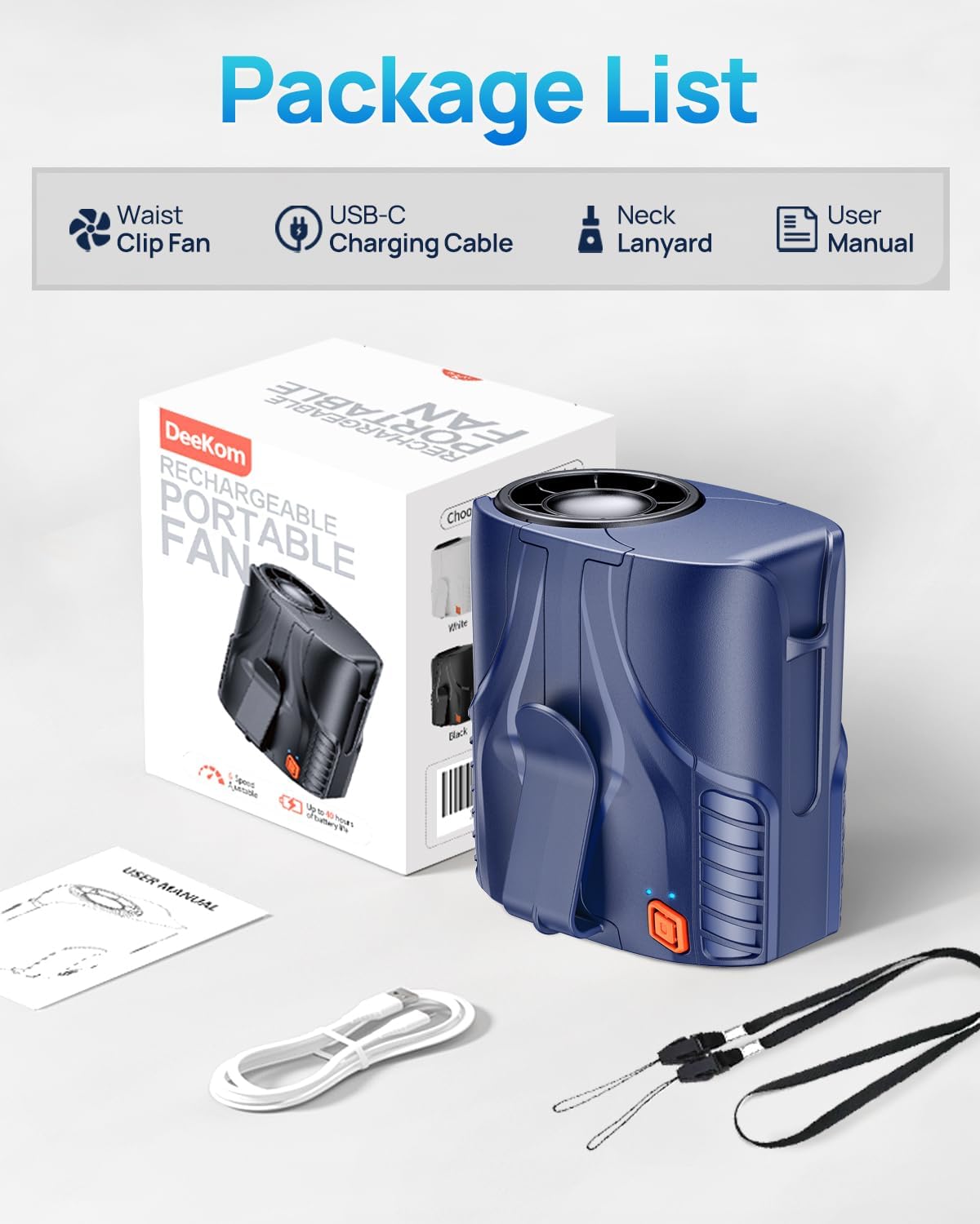 Portable Personal Waist Fan& Neck Fan, 14000RPM Brushless Motor, 40H Runtime Rechargeable, 6-Speed Quiet Operation, Clip-On Personal Body Cooling for Camping/Worksites/Outdoor