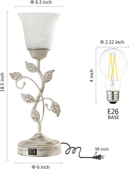 Touch Control Table Lamp with 2 USB Charging Ports, 3-Way Dimmable Bedside Nightstand Lamps, Amber Glass Shade Vintage Rural Leaf Lamp for Living Room, Bedroom, Dresser, LED Bulb Included (Bronze)