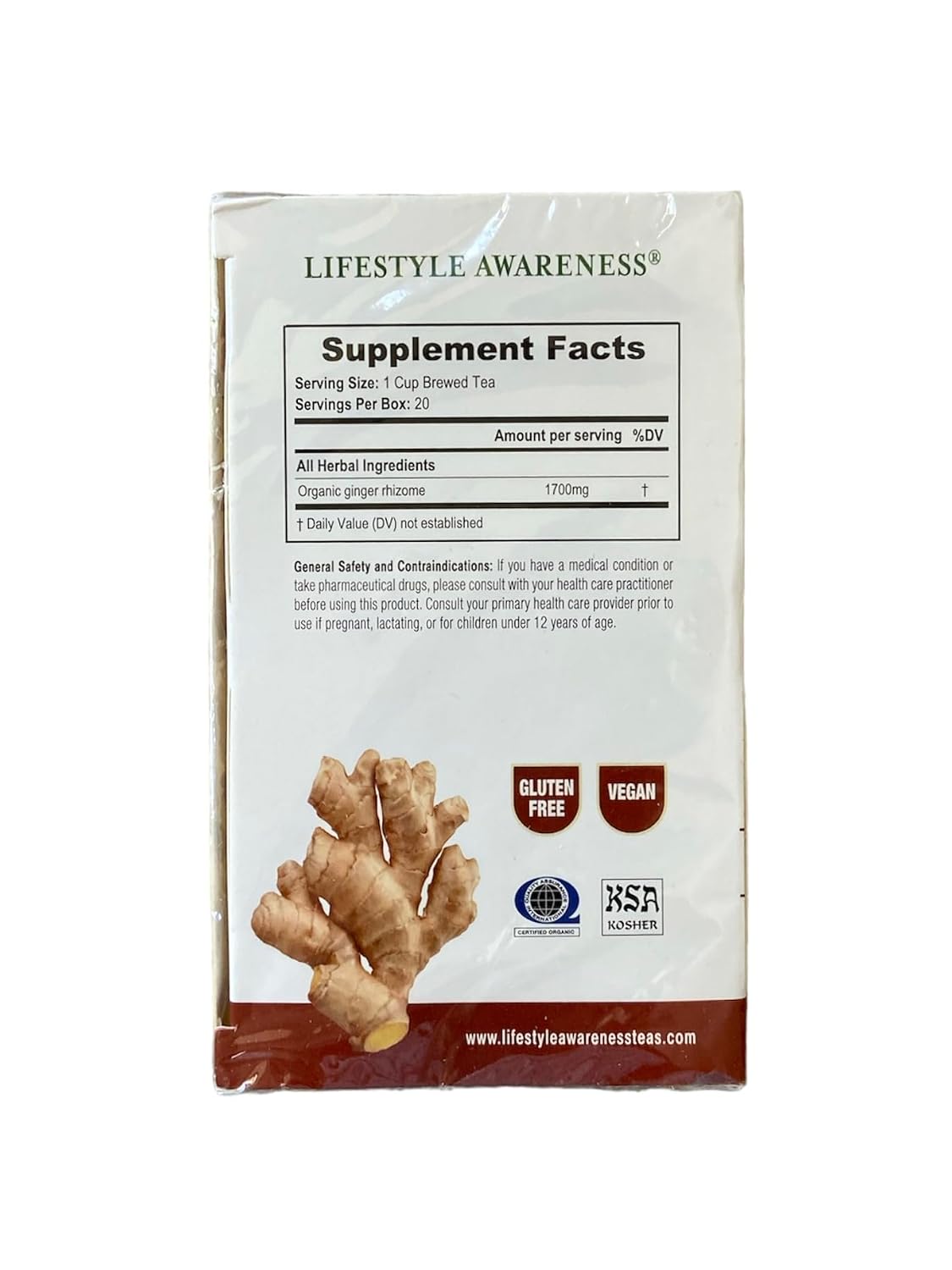 Lifestyle Awareness Teas, Caffeine Free Organic Ginger Root Tea, 20 Count (Pack of 1)