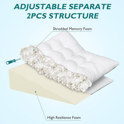Bed Wedge Pillow for Sleep Apnea 7.5Inch Gerd Pillow Patent Dual Layer Triangle Pillow Adjustable Shredded Memory Foam Topper Soft Support Ideal for Acid Reflux, After Surgery, Snoring