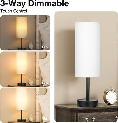 Dicoool Touch Table Lamp for Bedroom, 3 Way Dimmable Bedside Lamp with USB C & A Charging Ports - Small Desk Lamp for Dorm Room, College, Kids, Office, Living Room, White
