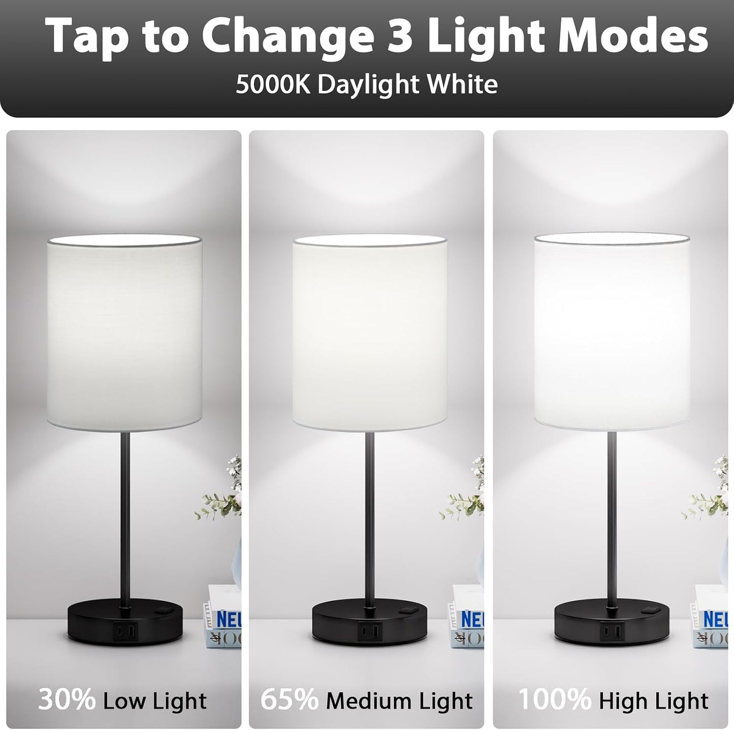 Blue Touch Lamps for Nightstand Set of 2 - Bedside Table Lamp for Bedroom with Dual USB Ports & AC Outlet, 3-Way Dimmable Lamps for Living Room Boys Room, Night Light with 5000K Daylight Bulbs