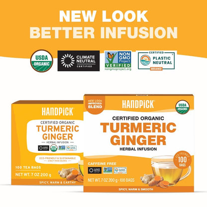 HANDPICK, Organic Turmeric Ginger Tea (100 Tea Bags) | Herbal Tea, Strong Spicy Flavor, Caffeine Free, Daily Wellness Tea, Smooth & Warming Infusion | Non-GMO, Gluten Free | Ecofriendly Tea Bags