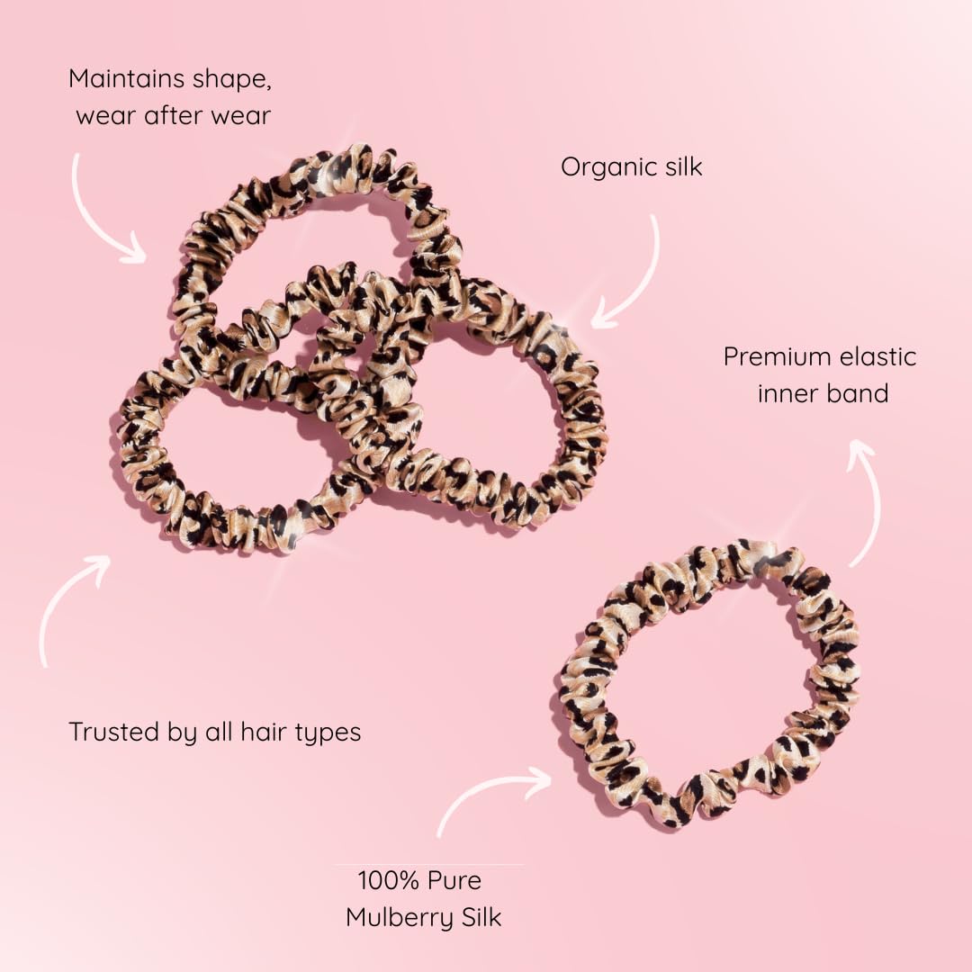 SILKIE x4 Set - Forget Satin - 100% Pure Mulberry Silk Black Brown Skinny Scrunchies Travel Pouch Everyday Hair Ties Elastics Hair Care Ponytail Holder No Damage (Chocolate)