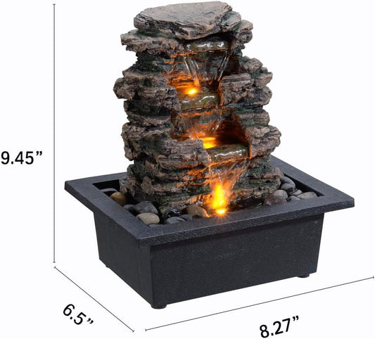 MAOCHI Tabletop Waterfall Fountain with LED Light, Indoor Zen Relaxation Desktop Water Feature with Automatic Silent Pump & Natural Stones, Desk Fountain for Home Office Decor, Stress Relief Gift